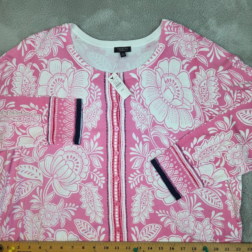 Talbots Cardigan Womens 2XP Floral Button Front Cotton Rayon Knit Pink White New